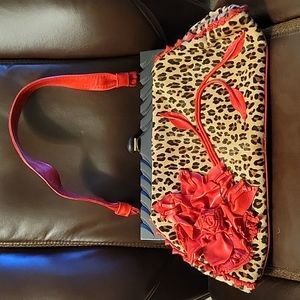 Anthony Luciano Black and Red Leather Flower Tassel Wooden Handle Clutch Bag